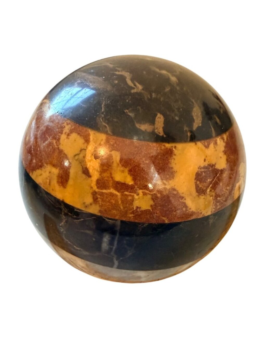 Vintage Polished Stone Sphere Marble Onyx Orb Black Tan 4" Heavy Decor Paperweig